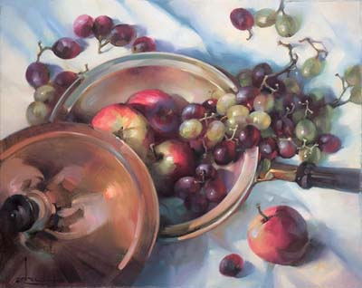 ['Fruit and copper pan' by Owen Rohu ]